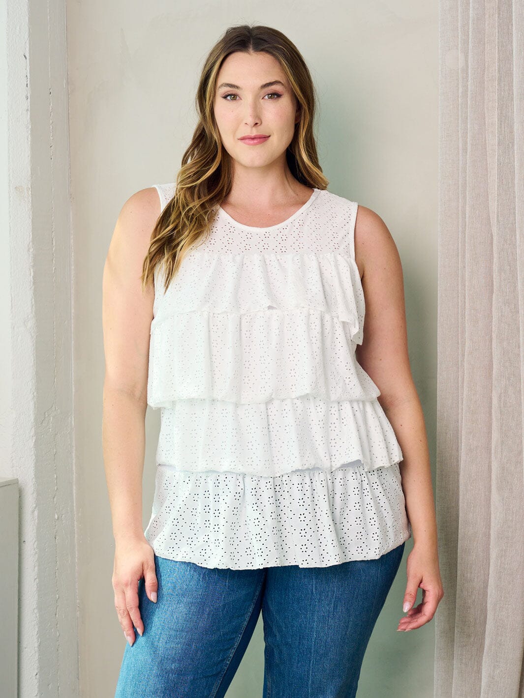 PLUS SIZE SLEEVELESS RUFFLE EYELET DETAILED TANK TOP