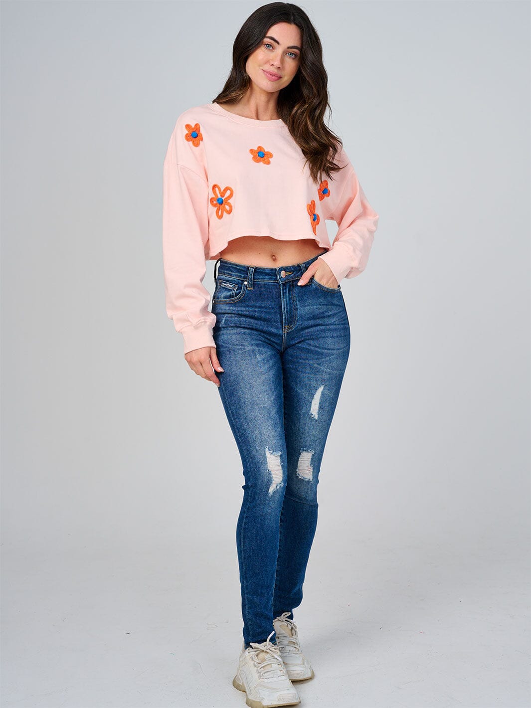 WOMEN'S LONG SLEEVE FLOWER DETAILED CROP TOP