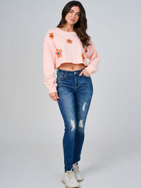 WOMEN'S LONG SLEEVE FLOWER DETAILED CROP TOP