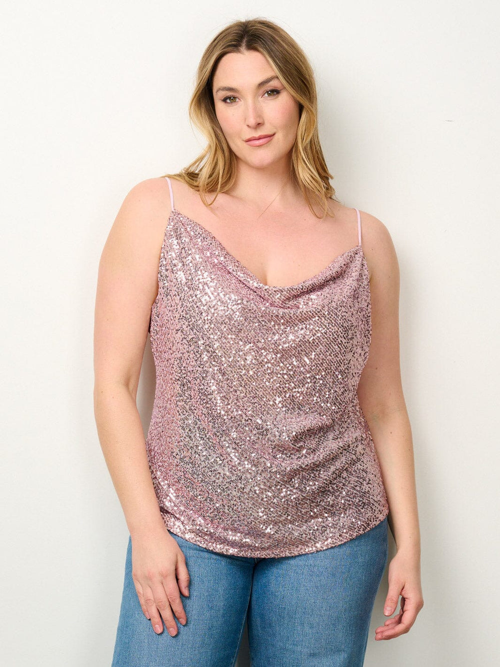 PLUS SIZE SLEEVELESS COWL NECK SEQUINS TANK TOP
