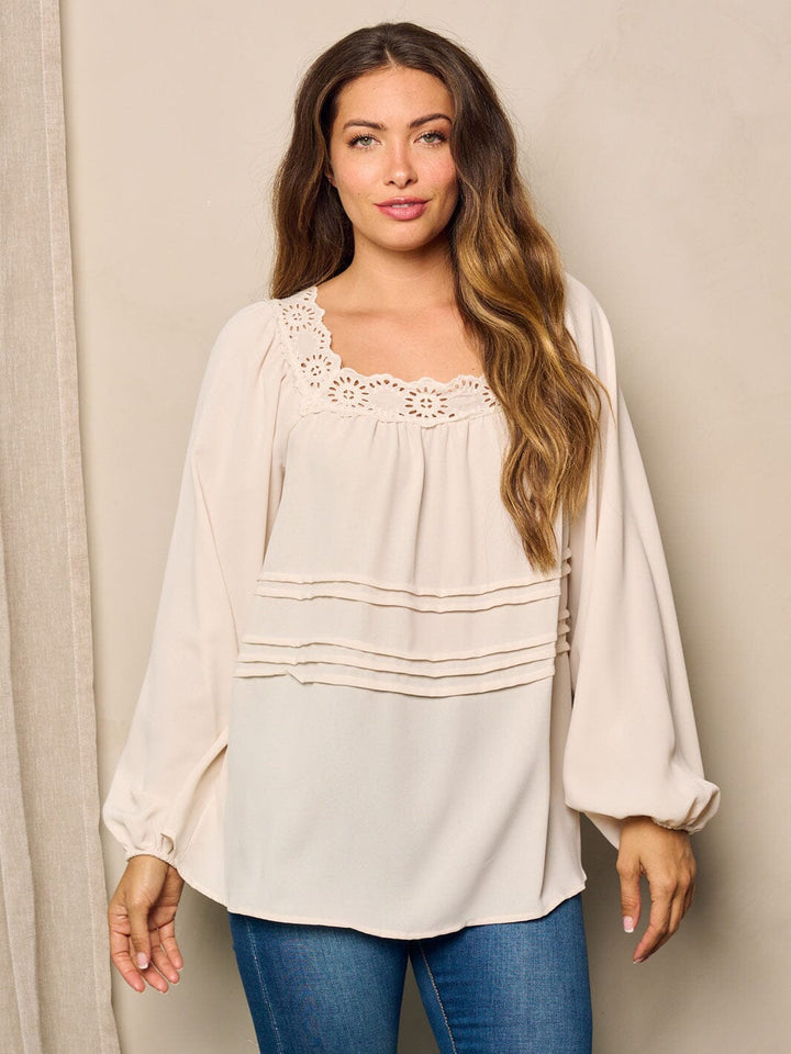 WOMEN'S LONG BALLON SLEEVE EYELET DEYAILED TUNIC BLOUSE TOP