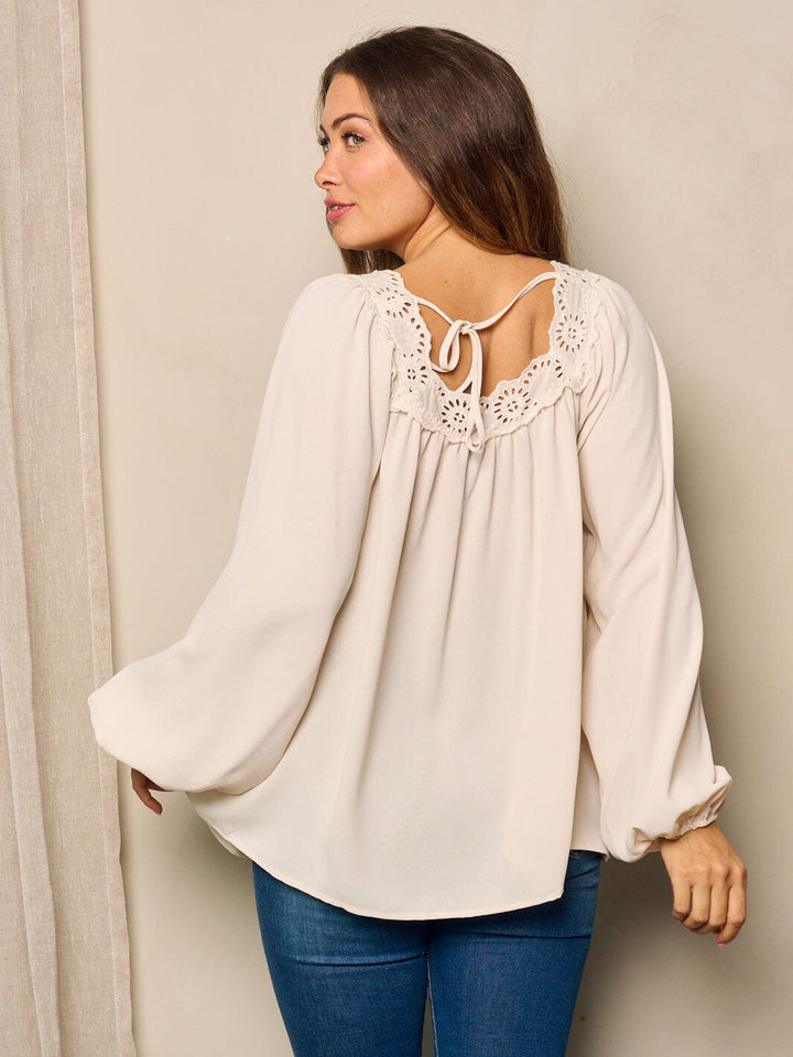 WOMEN'S LONG BALLON SLEEVE EYELET DEYAILED TUNIC BLOUSE TOP