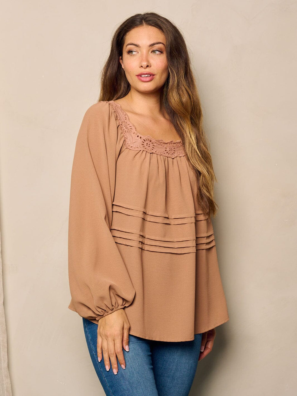 WOMEN'S LONG BALLON SLEEVE EYELET DEYAILED TUNIC BLOUSE TOP