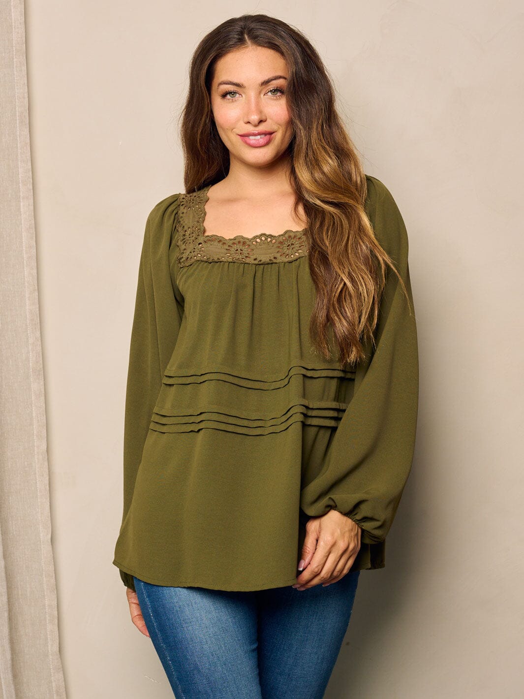 WOMEN'S LONG BALLON SLEEVE EYELET DEYAILED TUNIC BLOUSE TOP