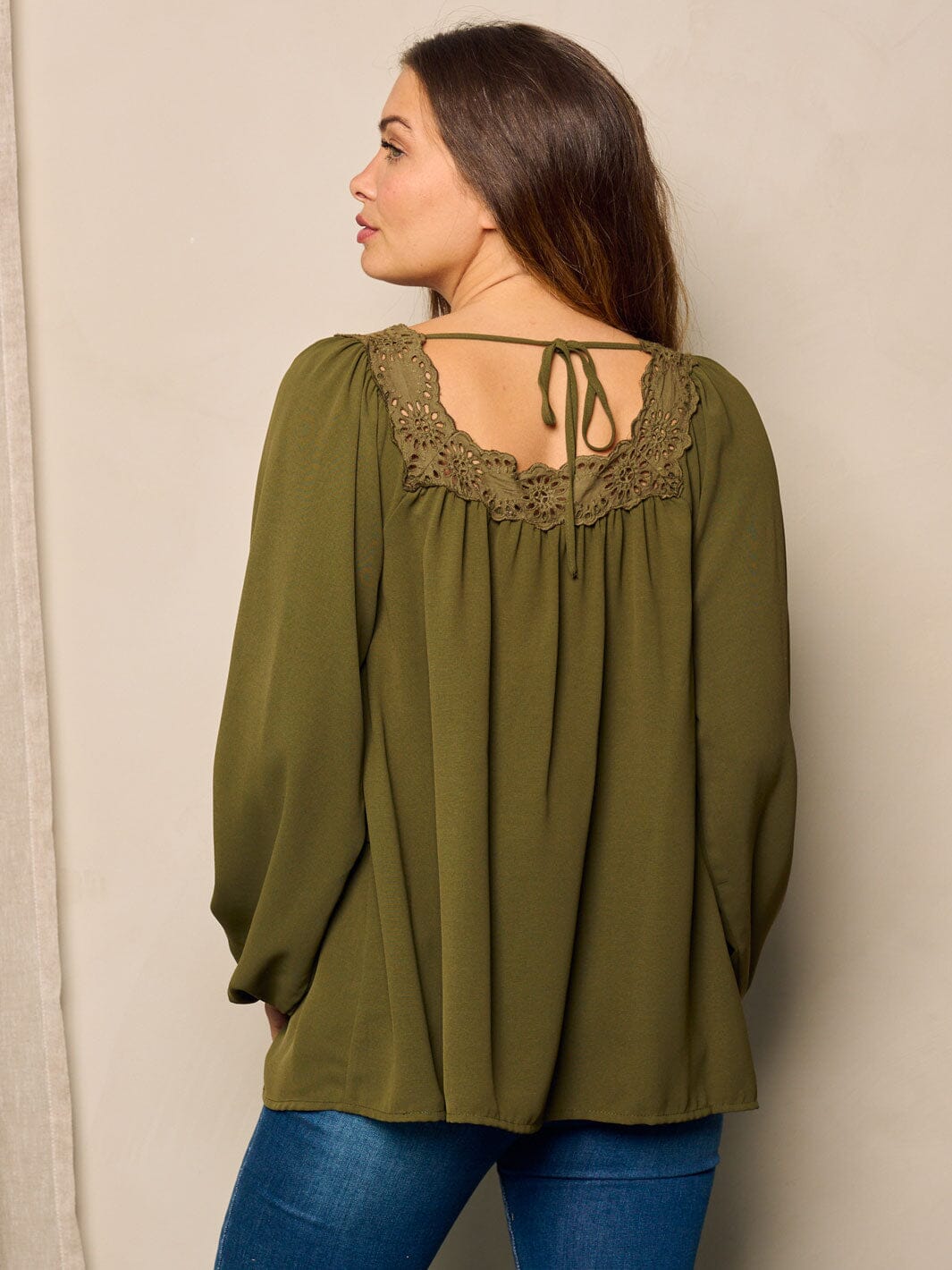 WOMEN'S LONG BALLON SLEEVE EYELET DEYAILED TUNIC BLOUSE TOP