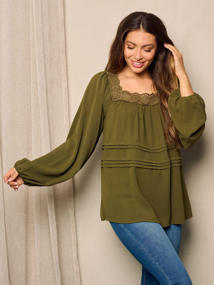 WOMEN'S LONG BALLON SLEEVE EYELET DEYAILED TUNIC BLOUSE TOP