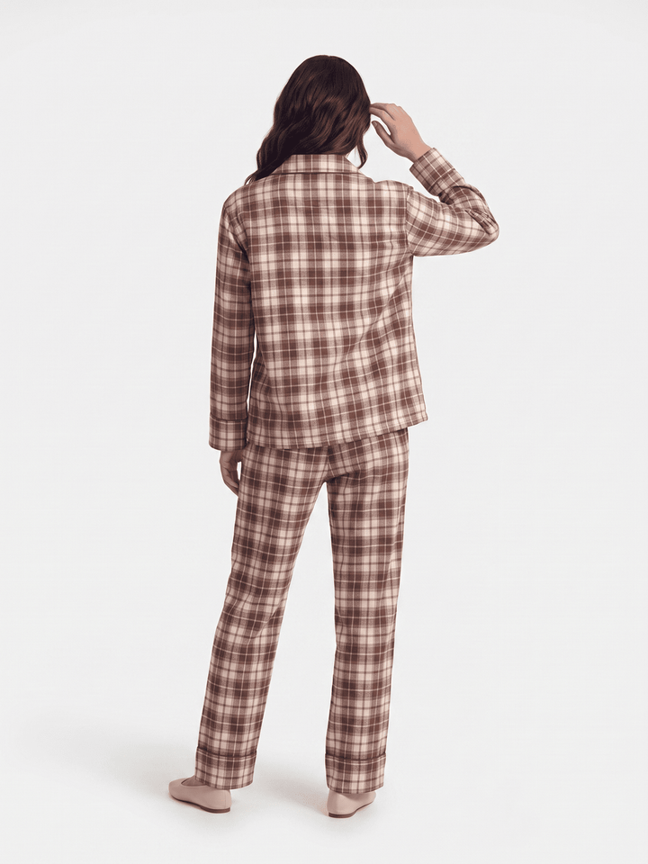 WOMEN'S LONG SLEEVE BUTTON UP SHIRT & ELASTIC WAIST STRAIGHT LEG PANTS PLAID 2PC. SET