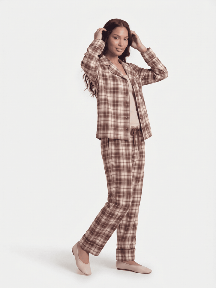 WOMEN'S LONG SLEEVE BUTTON UP SHIRT & ELASTIC WAIST STRAIGHT LEG PANTS PLAID 2PC. SET