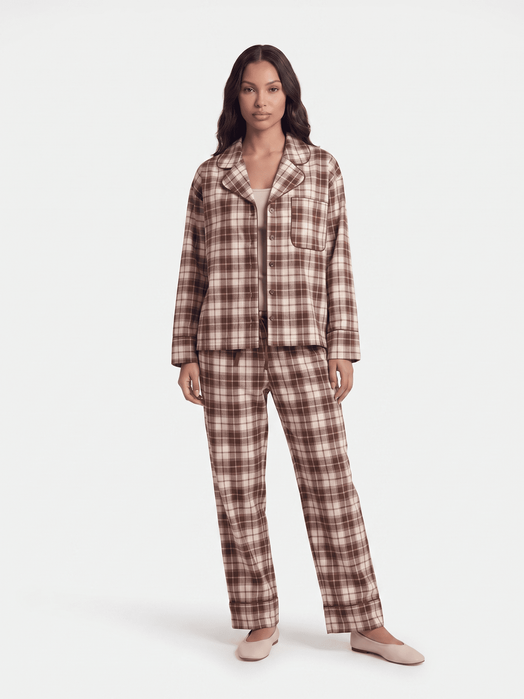 WOMEN'S LONG SLEEVE BUTTON UP SHIRT & ELASTIC WAIST STRAIGHT LEG PANTS PLAID 2PC. SET