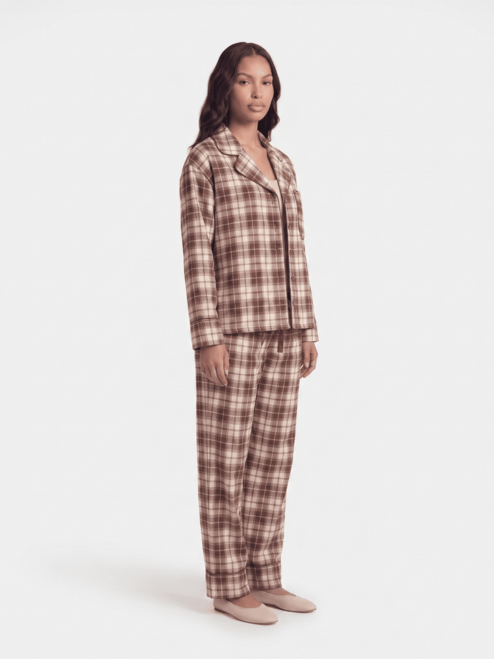 WOMEN'S LONG SLEEVE BUTTON UP SHIRT & ELASTIC WAIST STRAIGHT LEG PANTS PLAID 2PC. SET