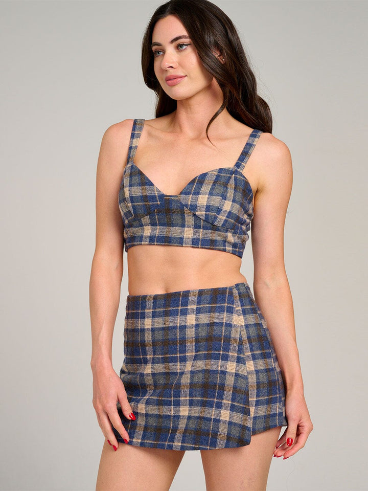 WOMEN'S SLEEVELESS CROP TOP & ZIPPER CLOSURE MINI SKORT PLAID 2PC. SET