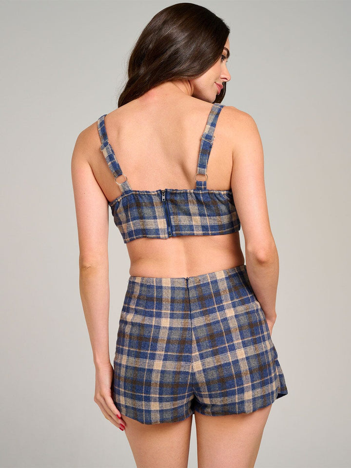 WOMEN'S SLEEVELESS CROP TOP & ZIPPER CLOSURE MINI SKORT PLAID 2PC. SET
