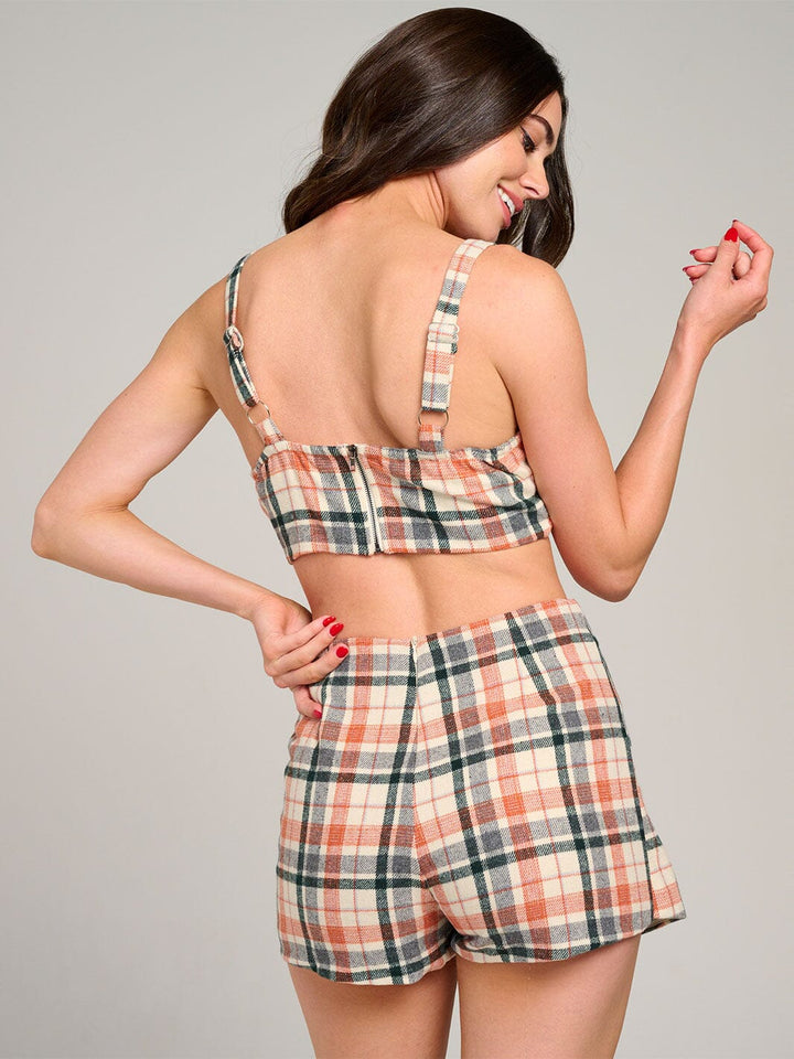 WOMEN'S SLEEVELESS CROP TOP & ZIPPER CLOSURE MINI SKORT PLAID 2PC. SET