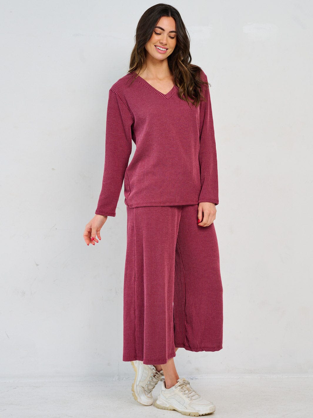 WOMEN'S LONG SLEEVE TOP & ELASTIC WAIST CROP PANTS RIBBED 2PC. SET