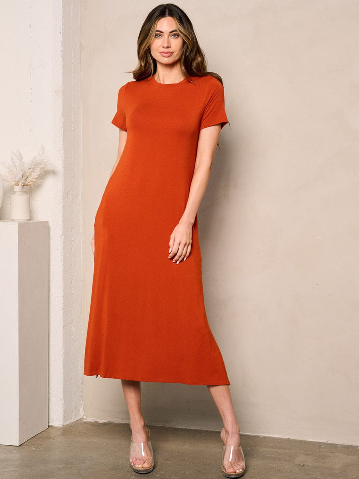 WOMEN'S SHORT SLEEVE POCKETS TUNIC MIDI DRESS