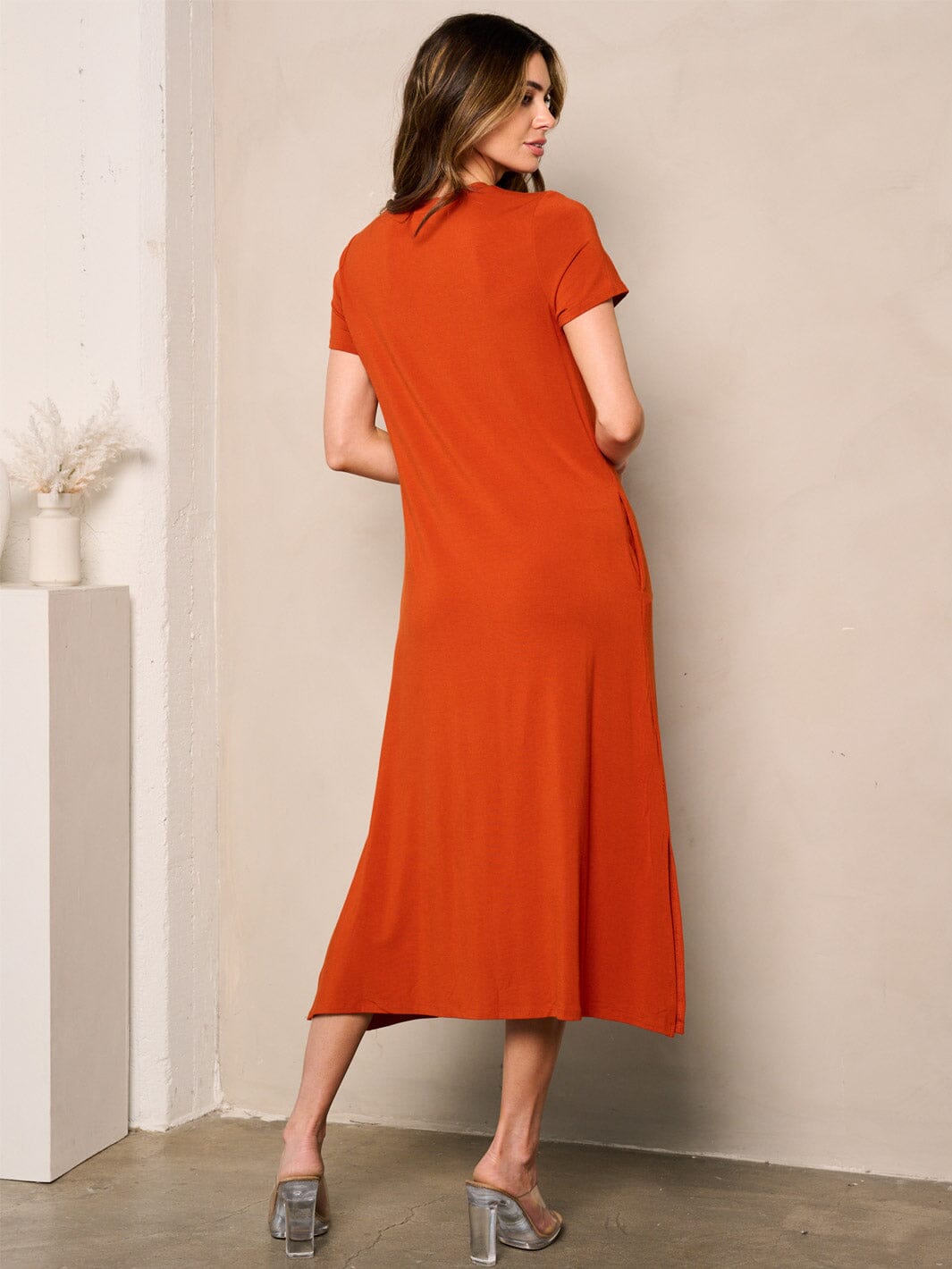 WOMEN'S SHORT SLEEVE POCKETS TUNIC MIDI DRESS