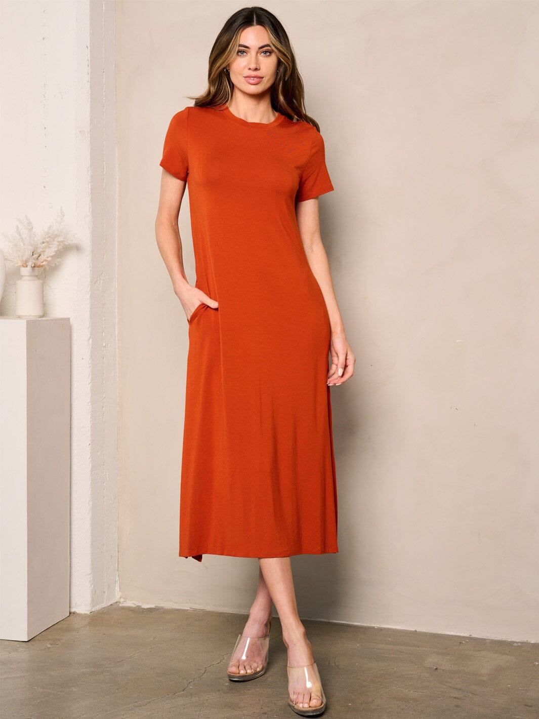 WOMEN'S SHORT SLEEVE POCKETS TUNIC MIDI DRESS