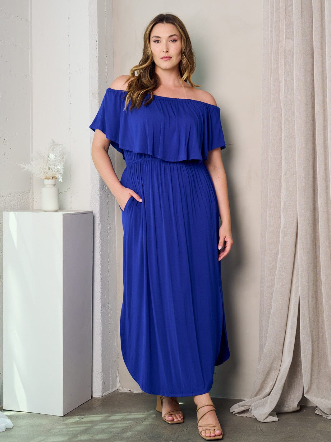 PLUS SIZE SHORT SLEEVE OFF SHOULDER POCKETS MAXI DRESS plus-size-short-sleeve-off-shoulder-pockets-maxi-dress
