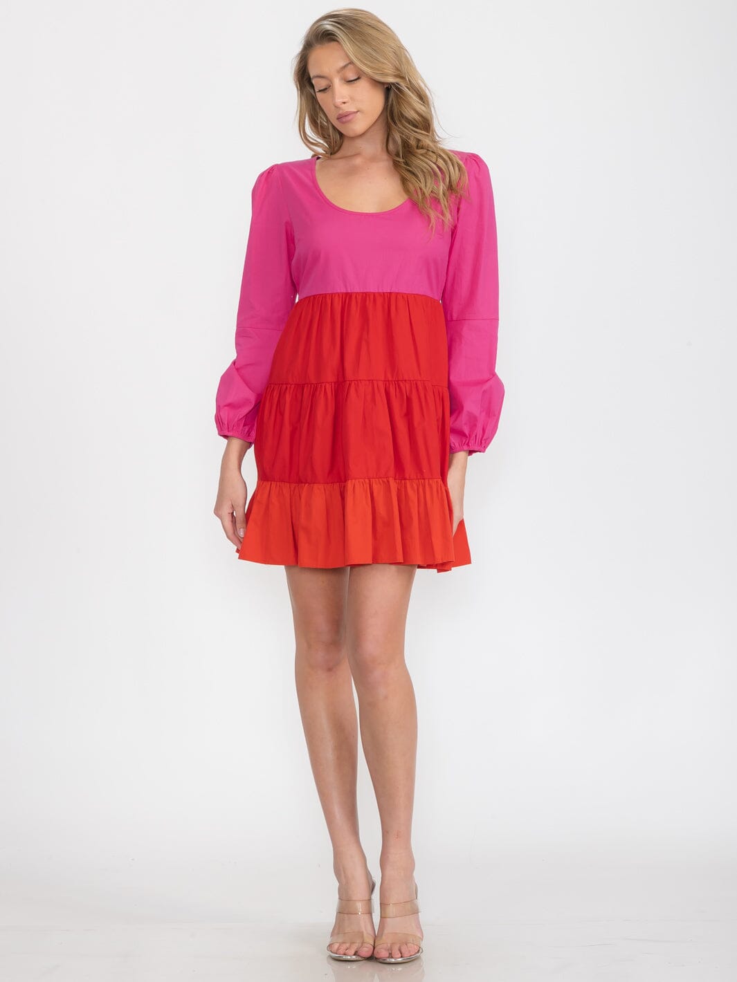 WOMEN'S LONG SLEEVE COLORBLOCK TIERED MINI DRESS
