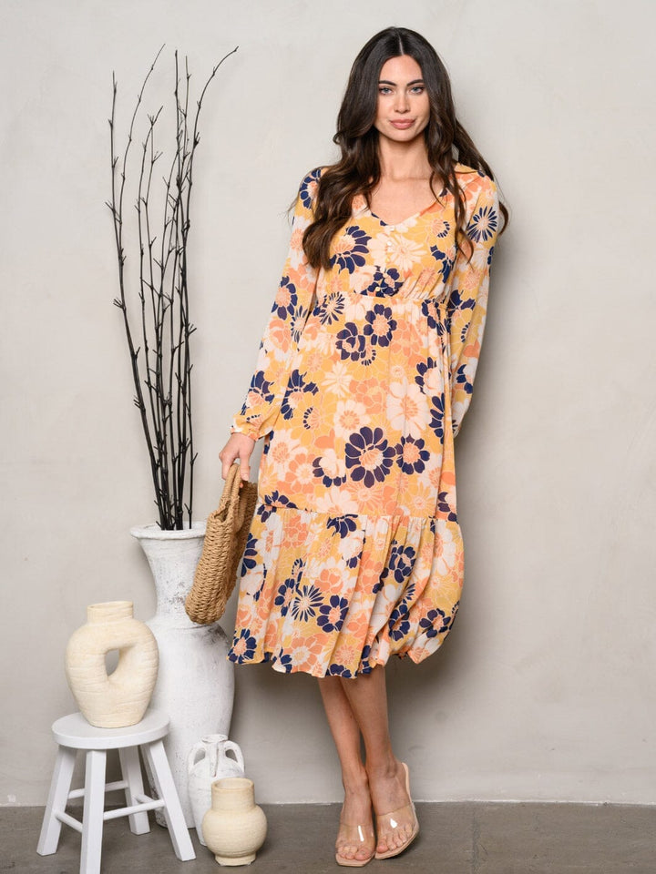WOMEN'S LONG SLEEVE V-NECK RUFFLE BOTTON HEM MIDI DRESS