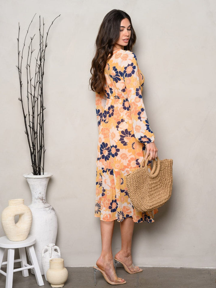 WOMEN'S LONG SLEEVE V-NECK RUFFLE BOTTON HEM MIDI DRESS