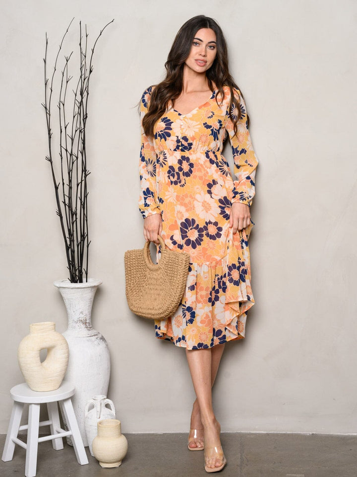 WOMEN'S LONG SLEEVE V-NECK RUFFLE BOTTON HEM MIDI DRESS