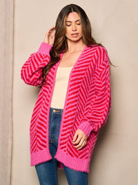 WOMEN'S LONG SLEEVE OPEN FRONT FUZZY COLORBLOCK CARDIGAN