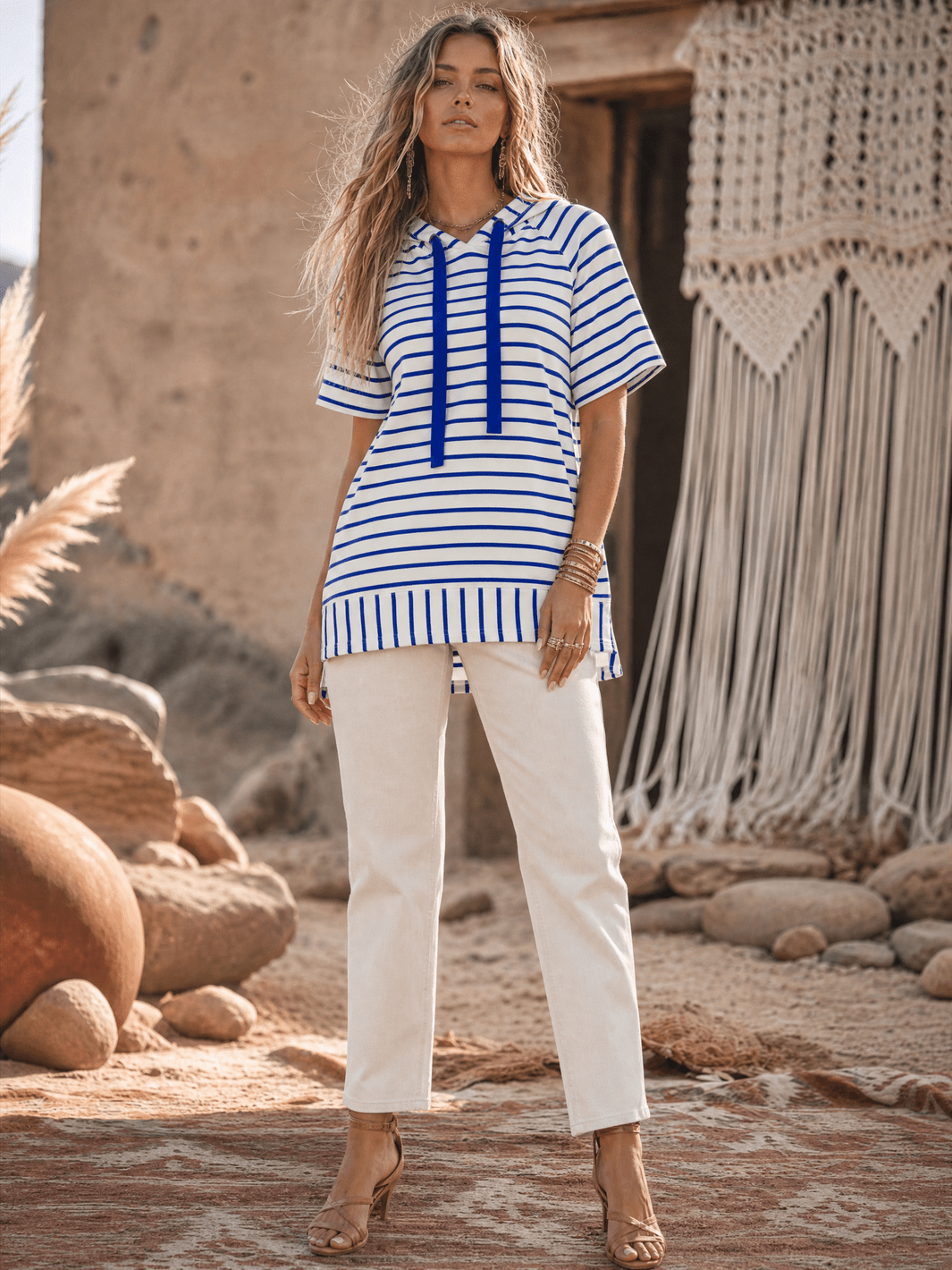 WOMEN'S SHORT SLEEVE COLORBLOCK STRIPES HOODED HIGH-LOW TOP