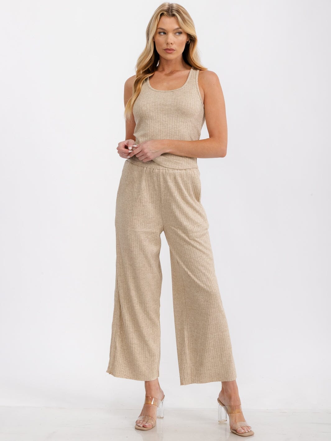 WOMEN'S ELASTIC WAIST FRONT POCKETS WIDE LEG RIBBED PANTS
