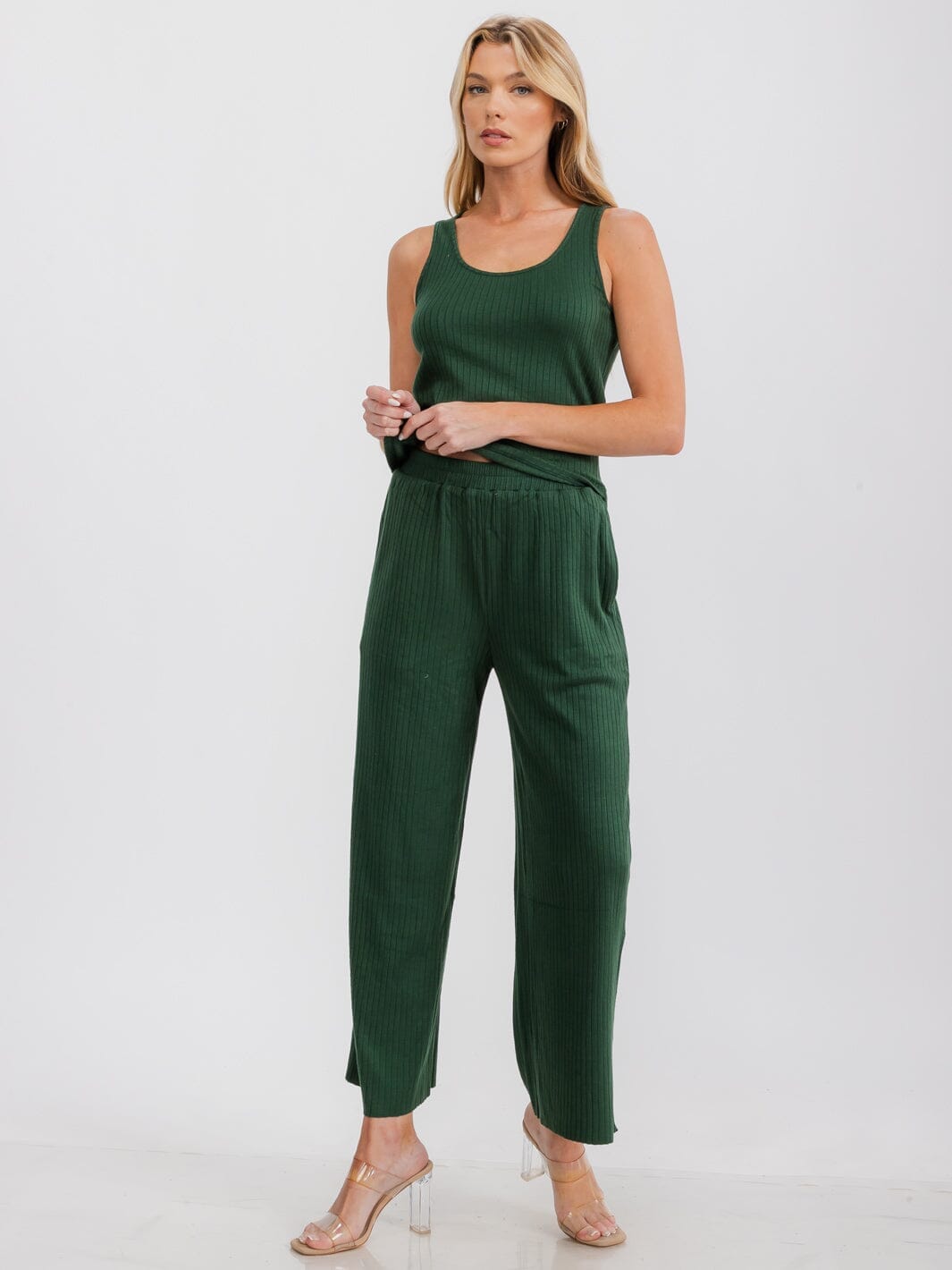WOMEN'S ELASTIC WAIST FRONT POCKETS WIDE LEG RIBBED PANTS
