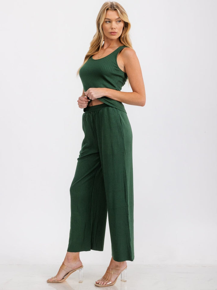 WOMEN'S ELASTIC WAIST FRONT POCKETS WIDE LEG RIBBED PANTS