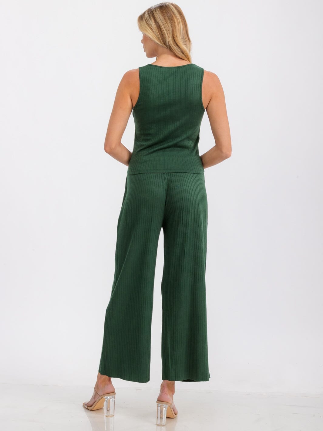 WOMEN'S ELASTIC WAIST FRONT POCKETS WIDE LEG RIBBED PANTS