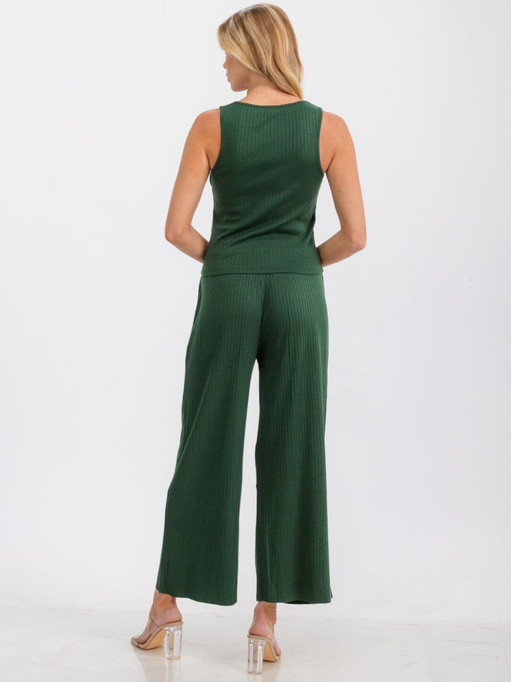 WOMEN'S ELASTIC WAIST FRONT POCKETS WIDE LEG RIBBED PANTS