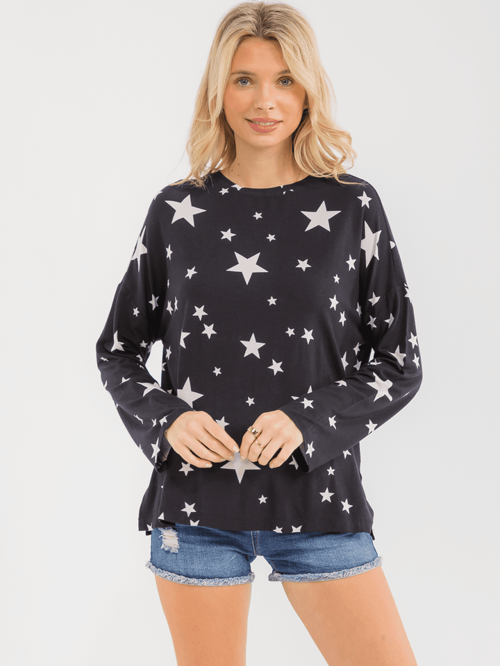 WOMEN'S LONG SLEEVE COLORBLOCK STARS PRINT SHIRT