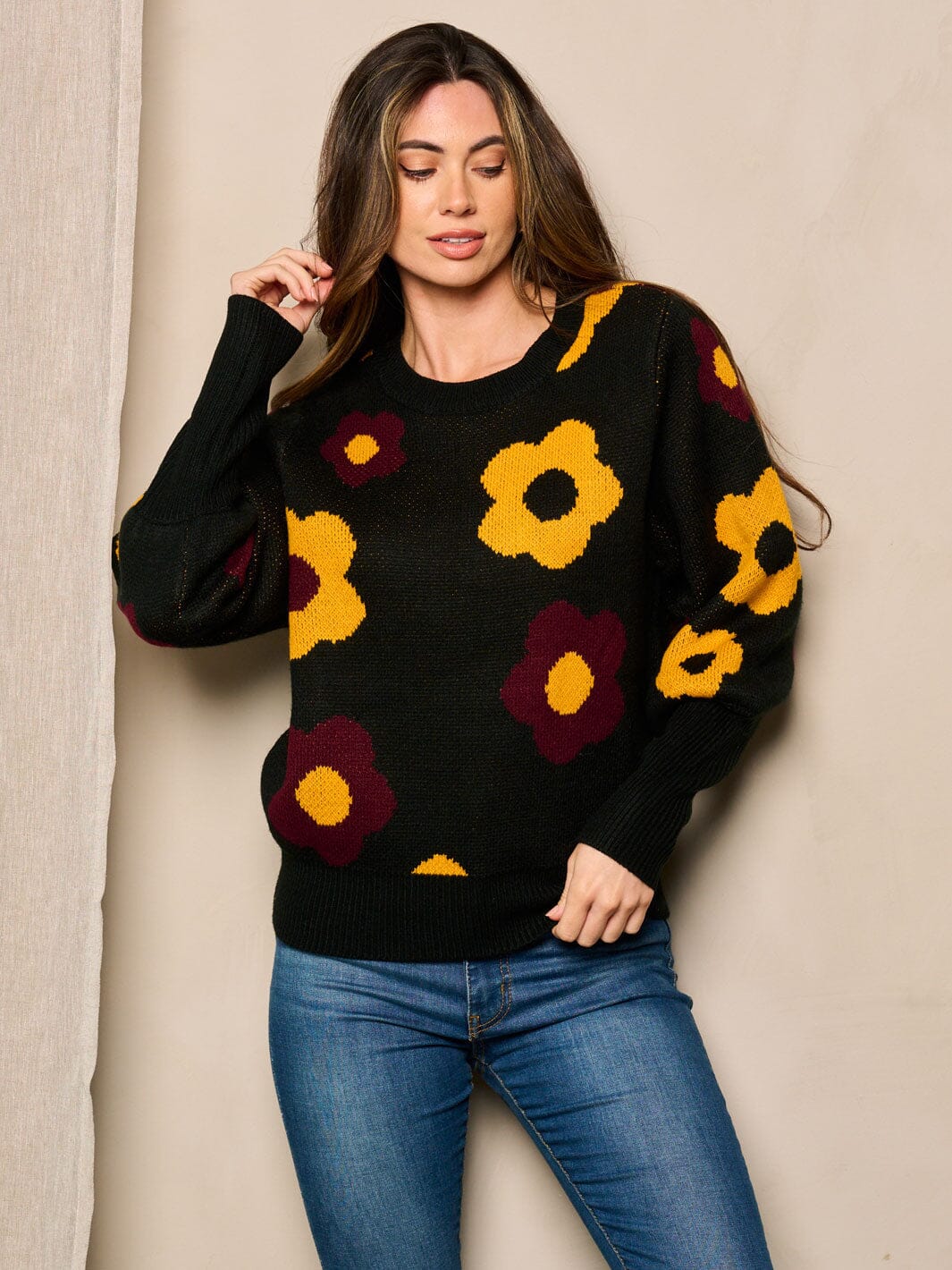 WOMEN'S LONG SLEEVE FLORAL PULLOVER SWEATER