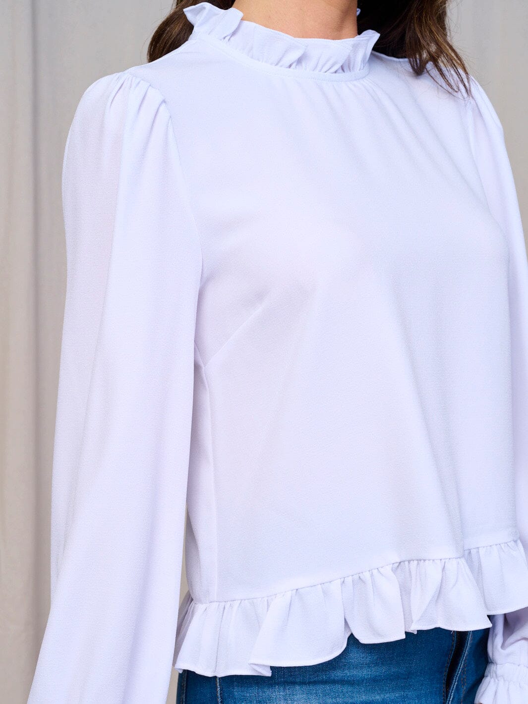 WOMEN'S LONG SLEEVE RUFFLE TRIM BACK KEY HOLE BLOUSE