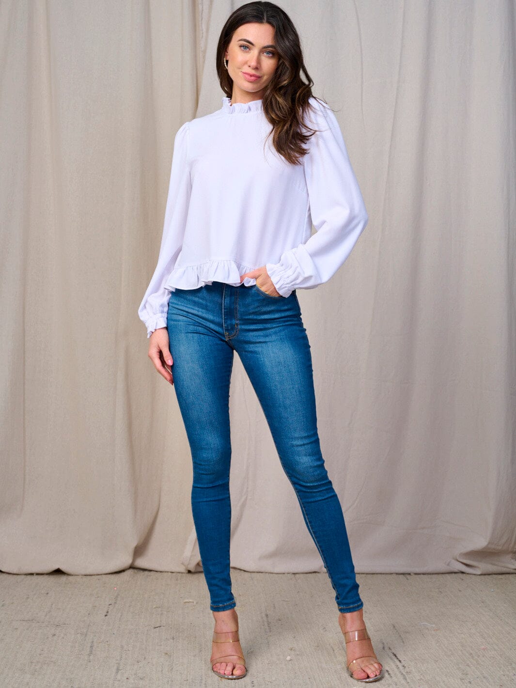 WOMEN'S LONG SLEEVE RUFFLE TRIM BACK KEY HOLE BLOUSE