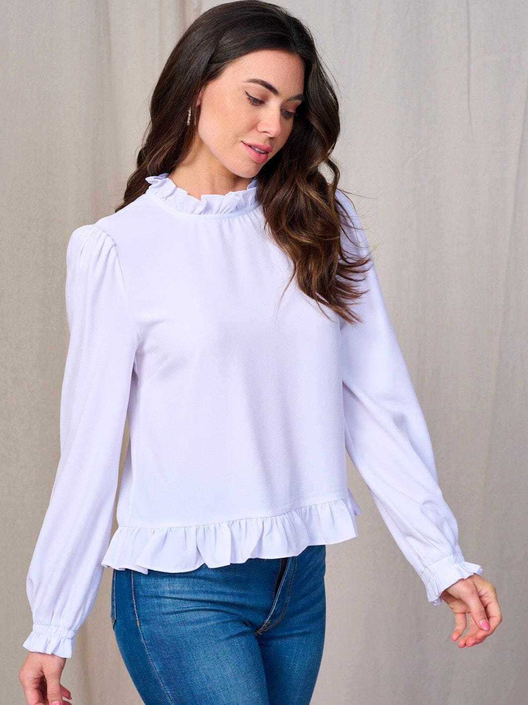 WOMEN'S LONG SLEEVE RUFFLE TRIM BACK KEY HOLE BLOUSE