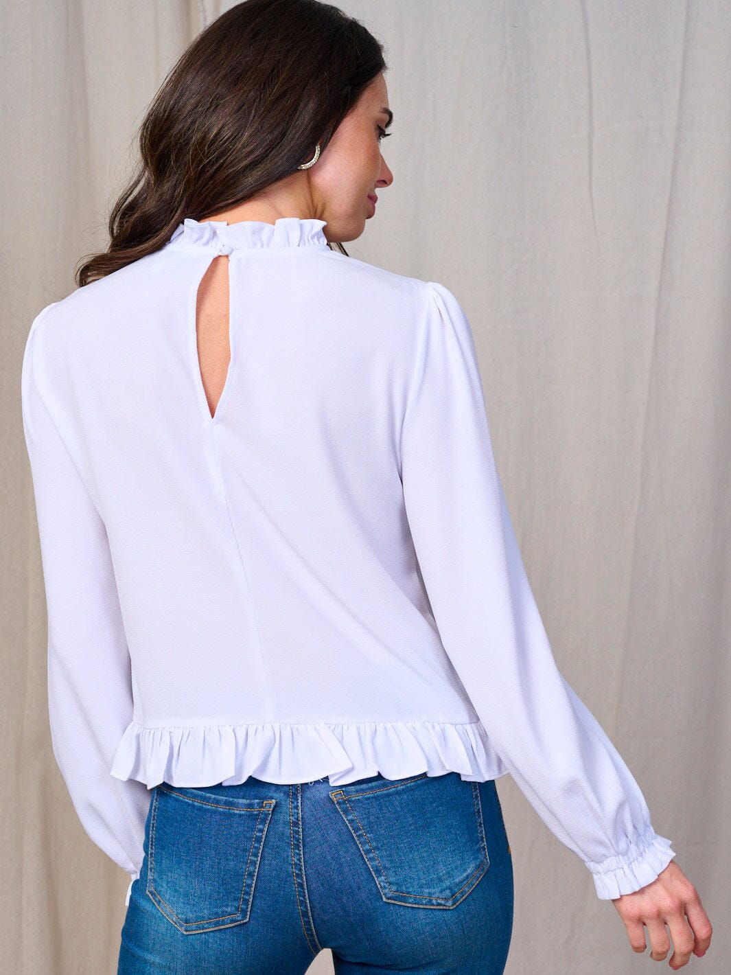 WOMEN'S LONG SLEEVE RUFFLE TRIM BACK KEY HOLE BLOUSE