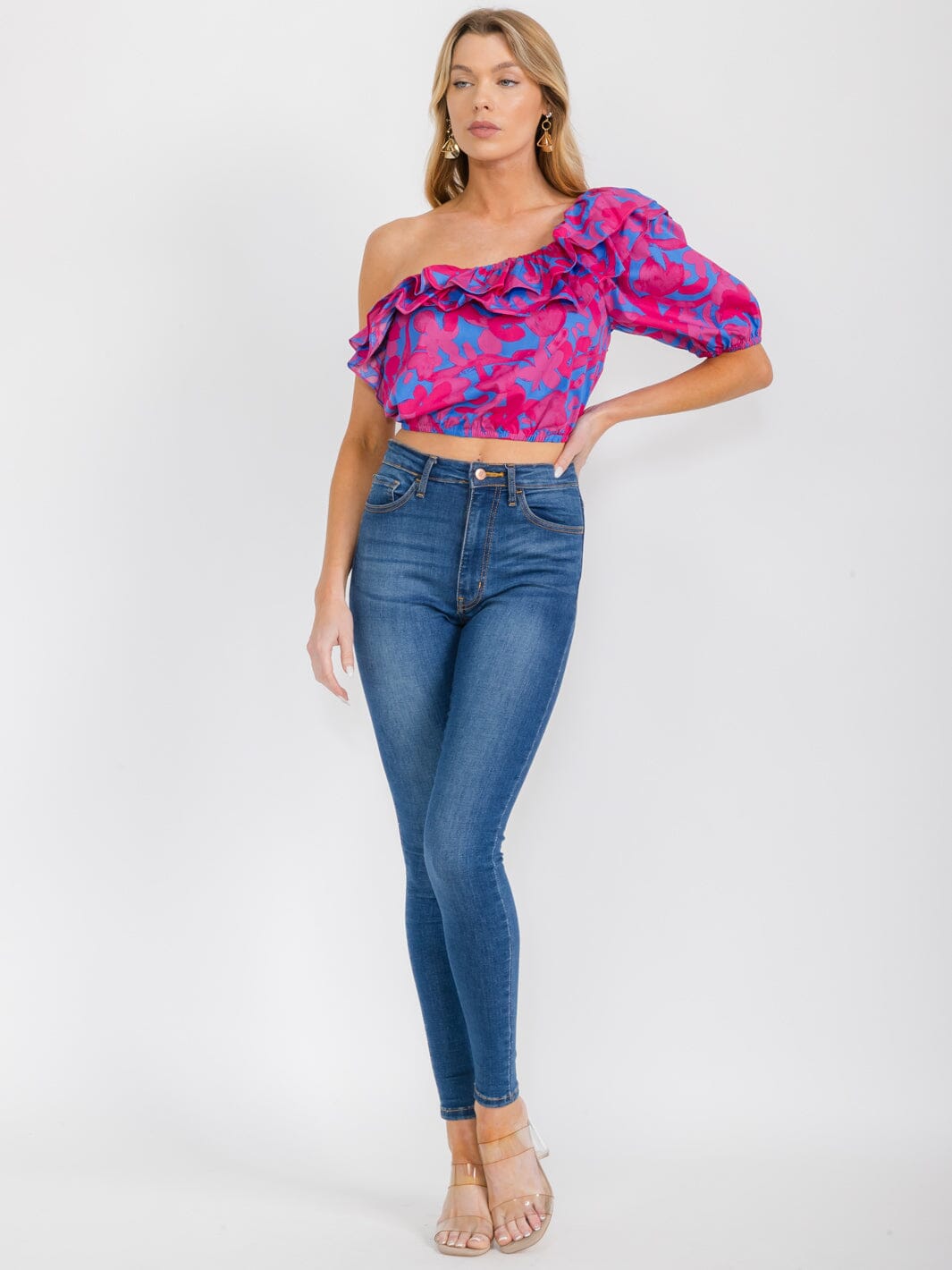WOMEN'S ONE SHOULDER RUFFLE FLORAL TOP
