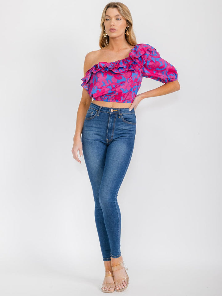 WOMEN'S ONE SHOULDER RUFFLE FLORAL TOP
