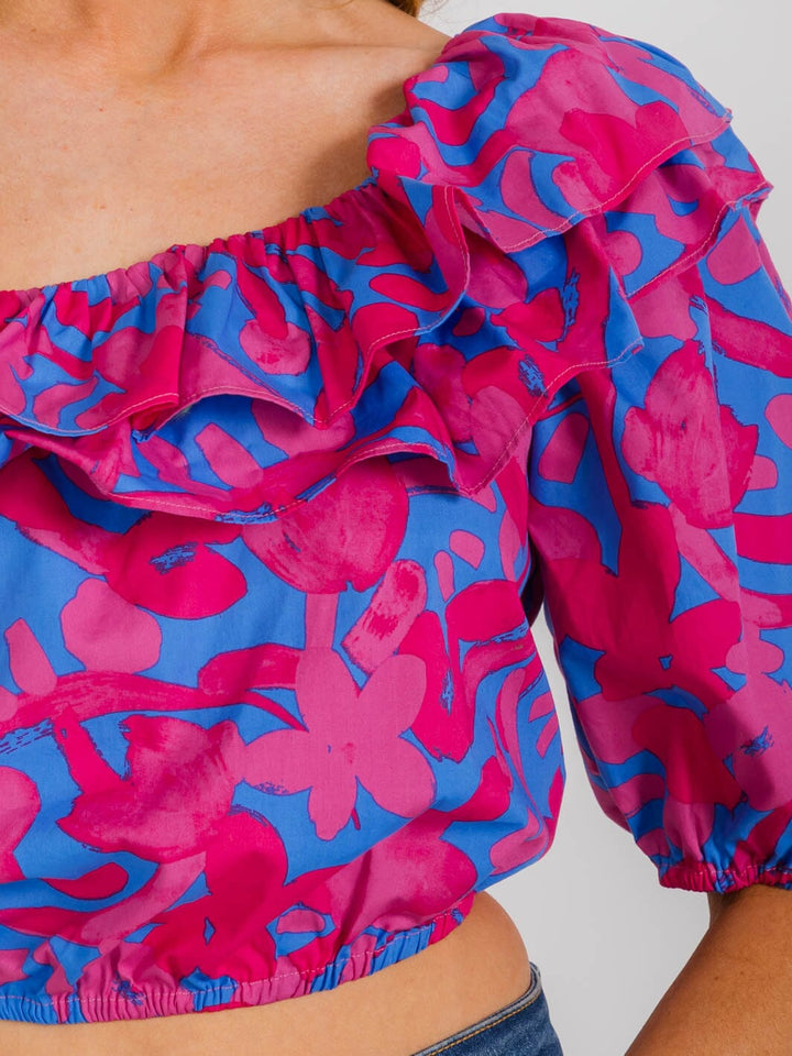 WOMEN'S ONE SHOULDER RUFFLE FLORAL TOP