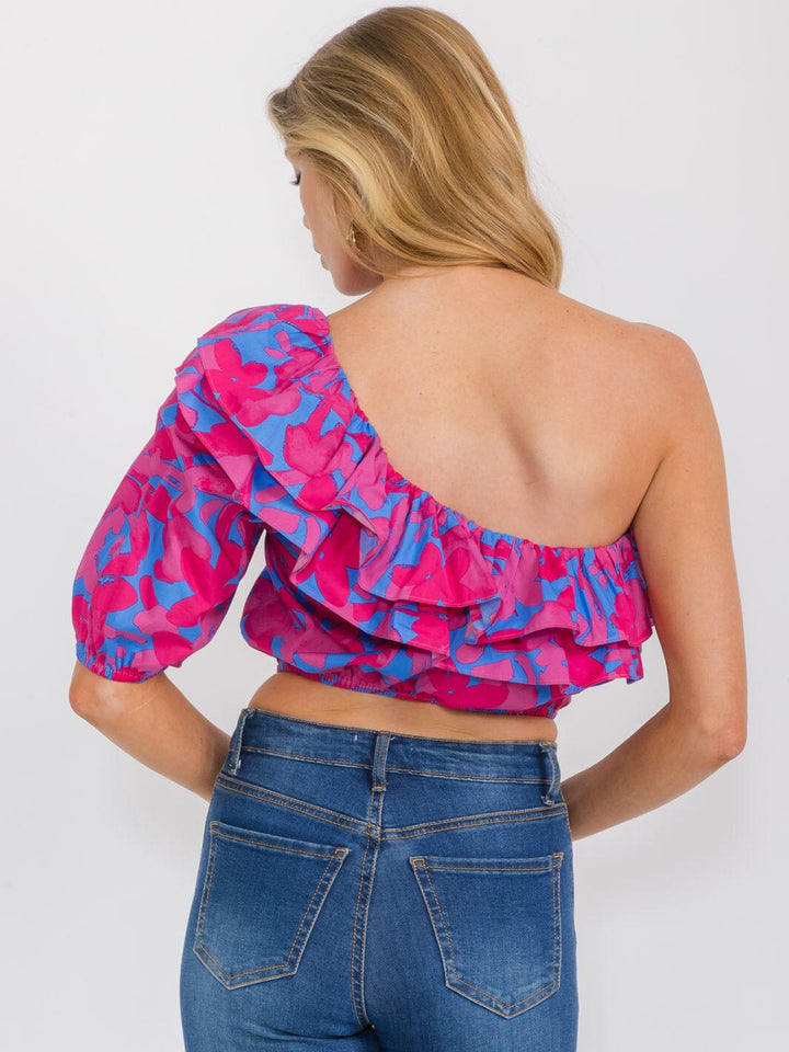 WOMEN'S ONE SHOULDER RUFFLE FLORAL TOP