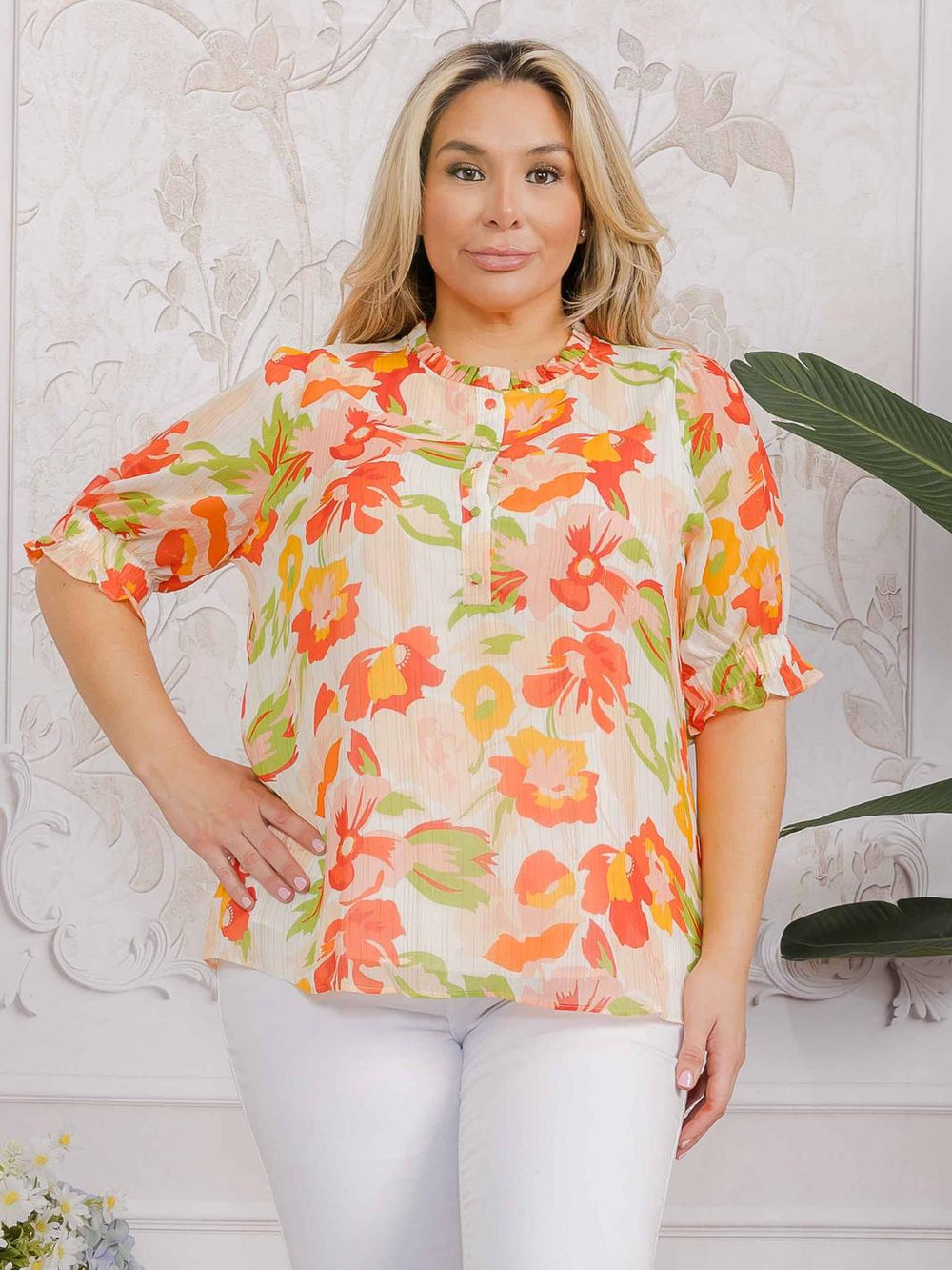 PLUS SIZE SHORT SLEEVE BUTTON UP FLORAL BLOUSE