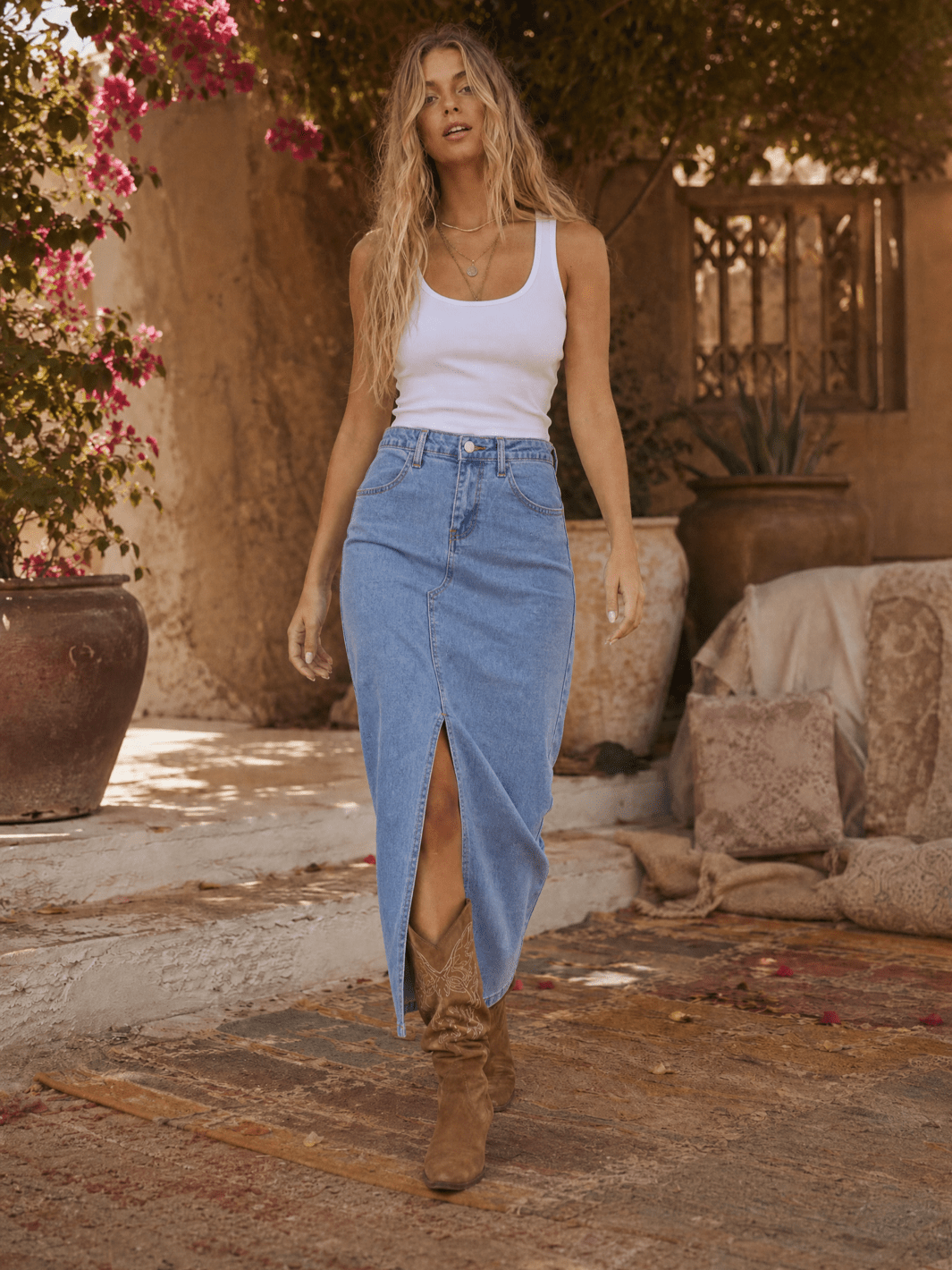 WOMEN'S BUTTON CLOSURE FRONT SLIT POCKETS DENIM MAXI SKIRT