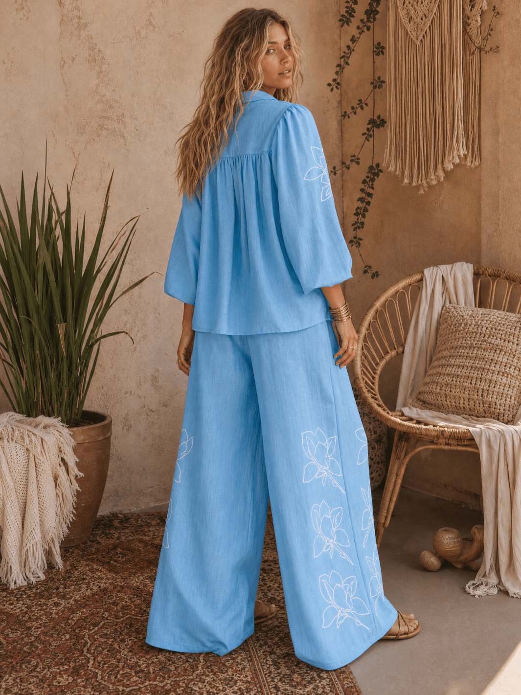 WOMEN'S 3/4 SLEEVE BUTTON UP BLOUSE & BUTTON CLOSURE WIDE LEG PANTS FLORAL PRINT 2PC. SET
