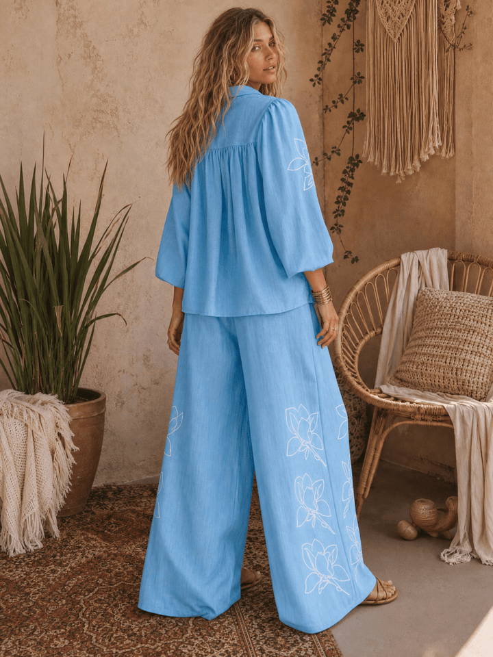 WOMEN'S 3/4 SLEEVE BUTTON UP BLOUSE & BUTTON CLOSURE WIDE LEG PANTS FLORAL PRINT 2PC. SET