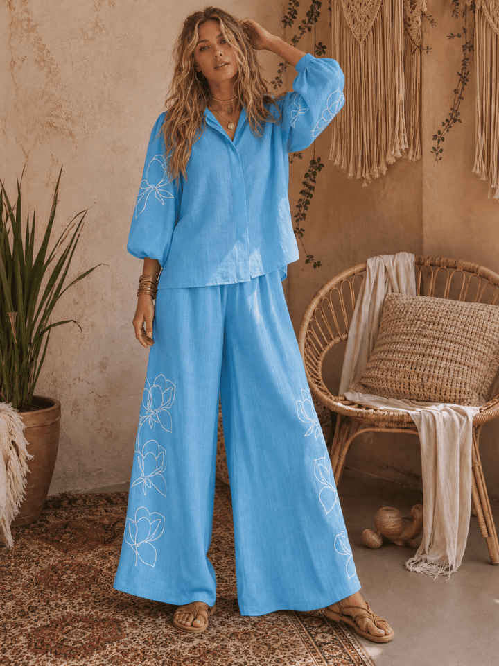 WOMEN'S 3/4 SLEEVE BUTTON UP BLOUSE & BUTTON CLOSURE WIDE LEG PANTS FLORAL PRINT 2PC. SET