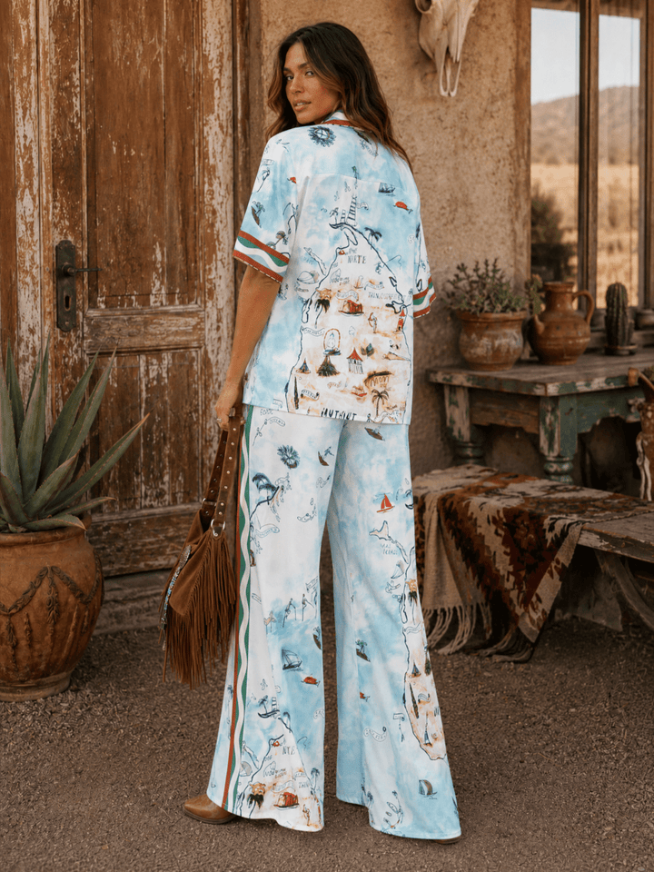 WOMEN'S SHORT SLEEVE BUTTON UP BLOUSE & ELASTIC WAIST WIDE LEG PANTS MULTI PRINT 2PC. SET