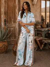 WOMEN'S SHORT SLEEVE BUTTON UP BLOUSE & ELASTIC WAIST WIDE LEG PANTS MULTI PRINT 2PC. SET